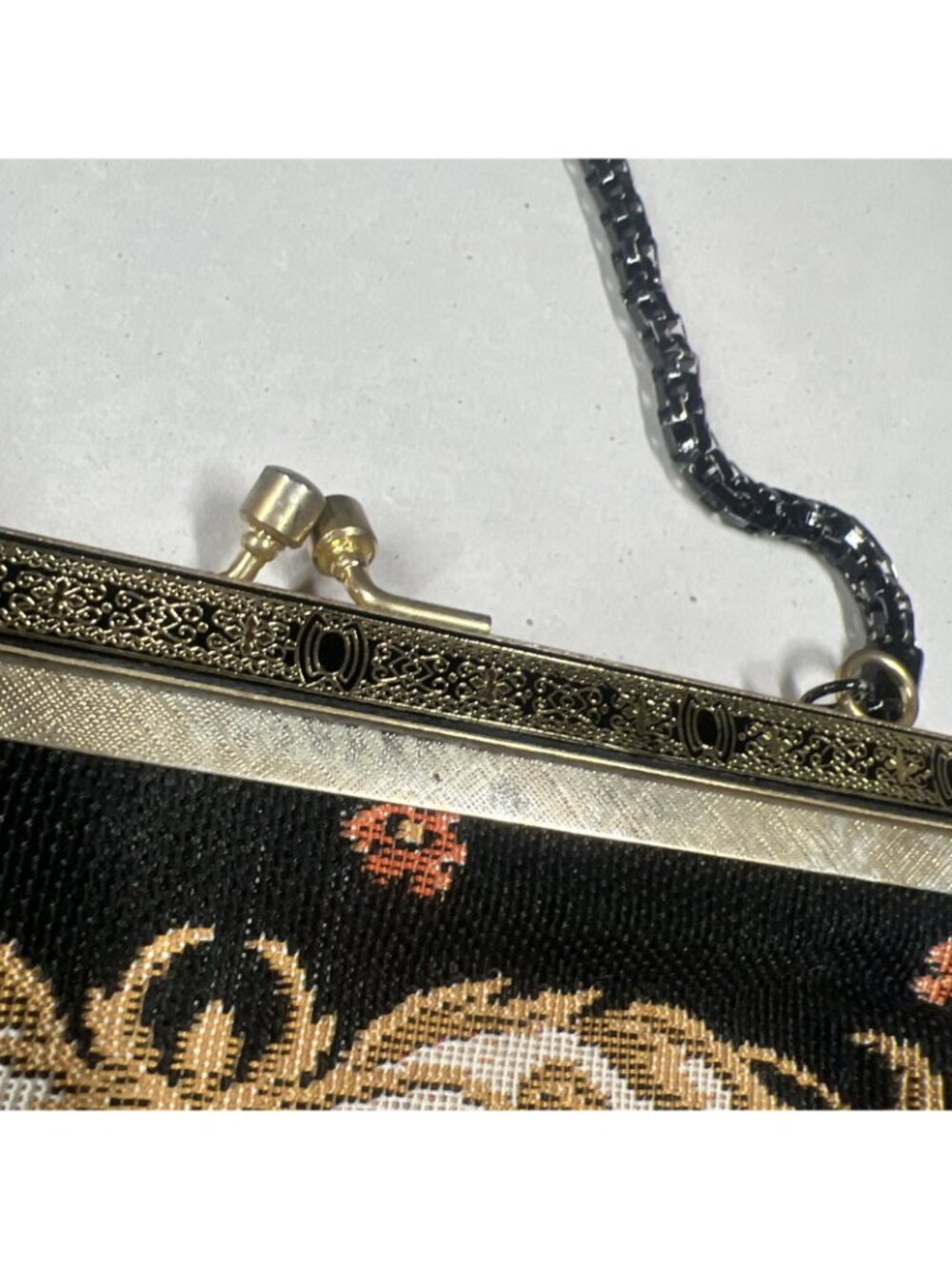 Vintage Floral Needlepoint Tapestry Evening Bag Black Chain Purse AS IS - Picture 7 of 13